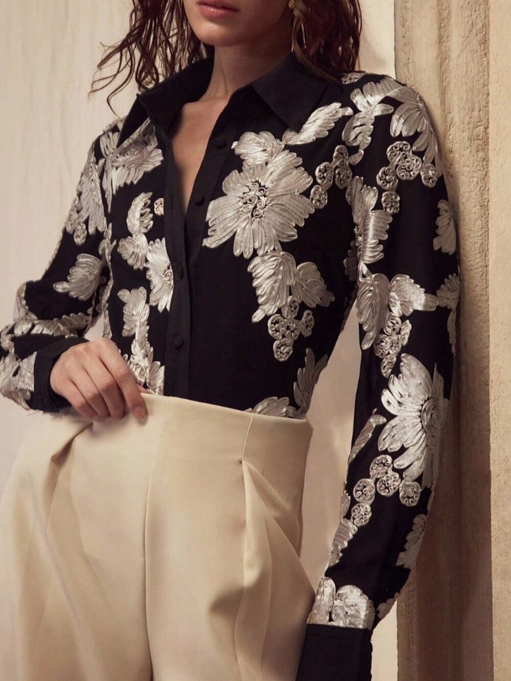 Black Elegant Women's Embroidered Button Up Shirt - Picture 6 of 8